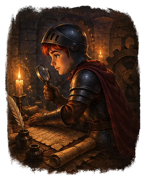 A young knight in armor studying scrolls by candlelight with a magnifying glass — finding your real bottleneck
