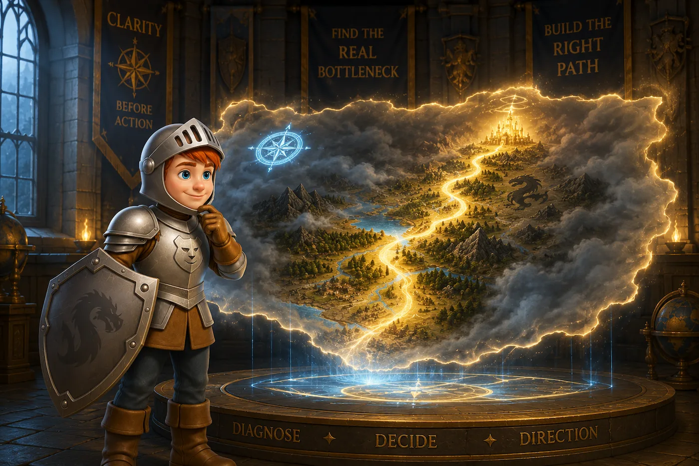 A knight studying a glowing strategic map showing the path through fog to a golden castle