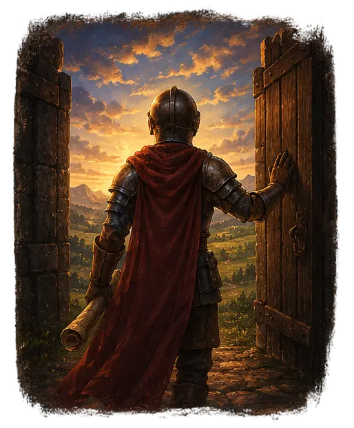 A knight pushing open a gate to a golden sunrise over open land — your next move, taken now