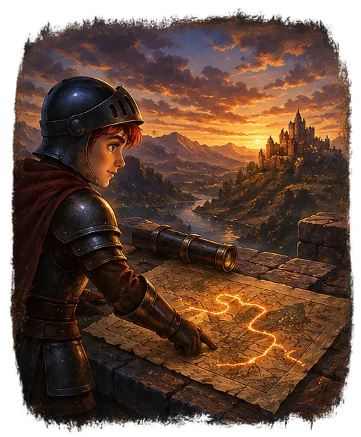 A knight tracing a glowing path on a map with a castle kingdom visible on the horizon — your strongest path forward