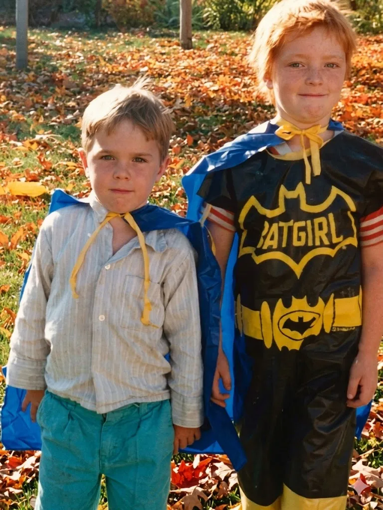 Young Jason as a child in a superhero cape — the origin of the hero mythology